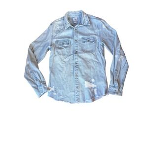 Zara Man Light Wash Distressed Relaxed Fit Denim Western Snap Shirt Mens Small